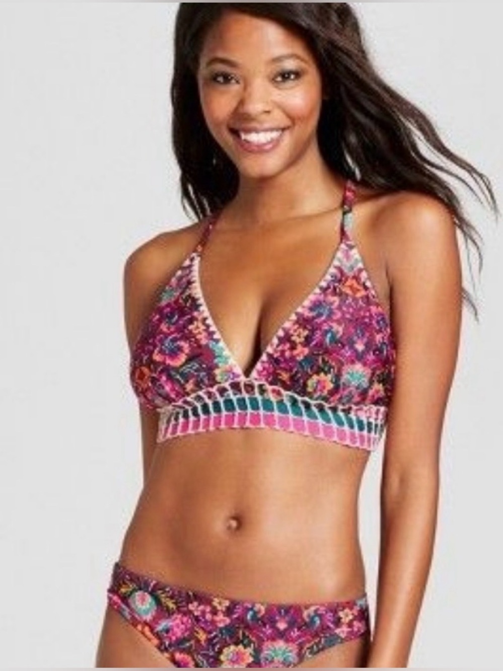 Xhilaration Floral Trim Longline Triangle bikini S/M bottom L/XL top